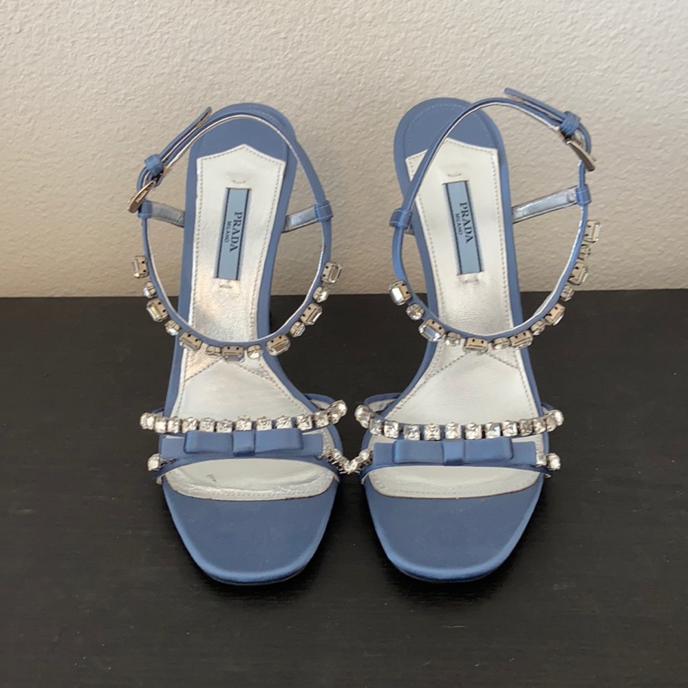NIB Prada Satin Blue Ribbon Jeweled Gem Embellished Heeled Sandals